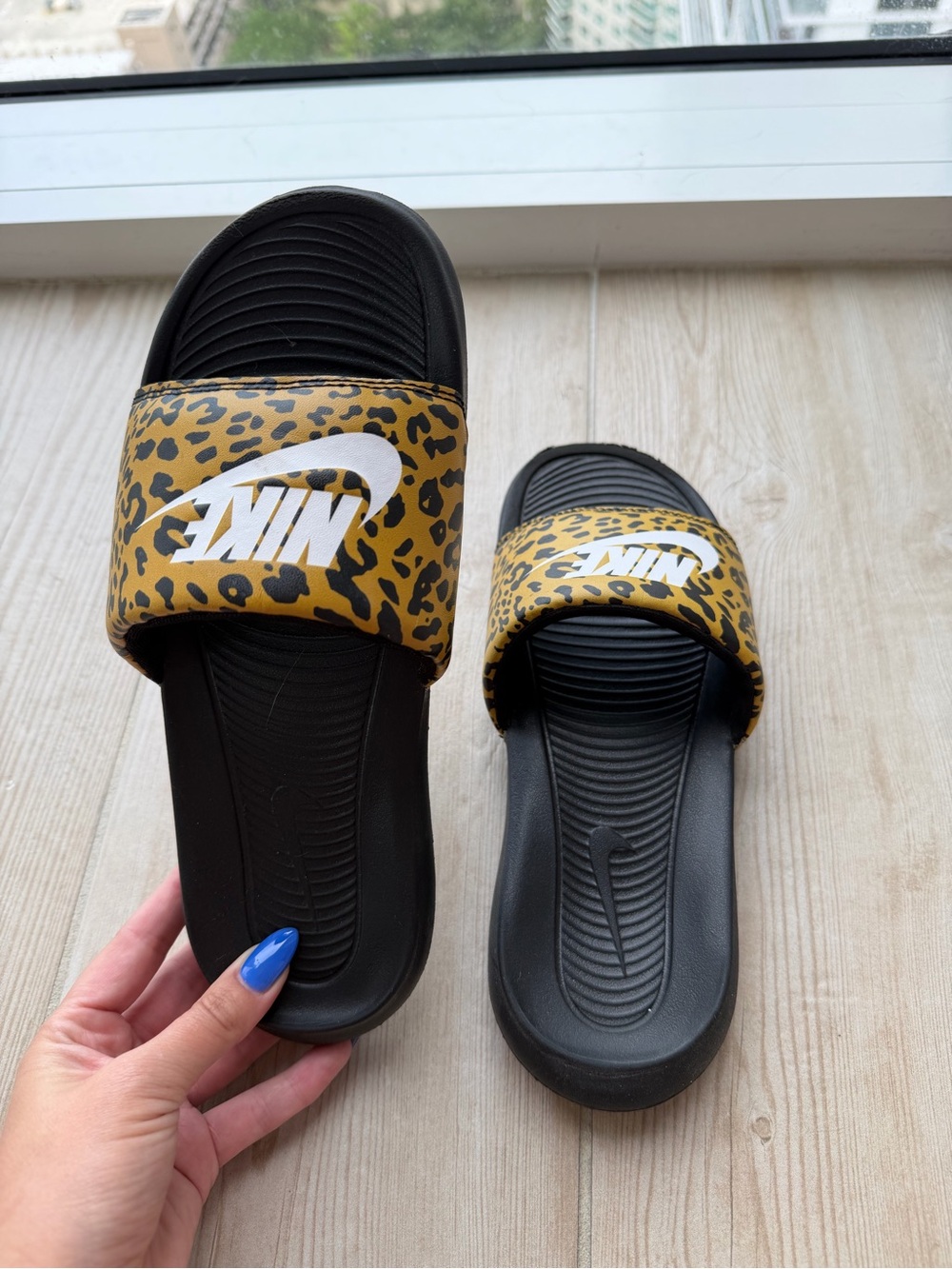 Nike Women’s Black Slides with Leopard-Print Gold Strap